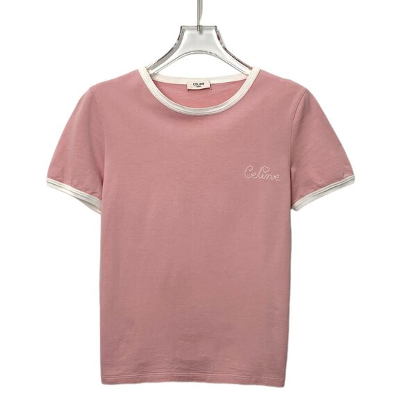 FW0251 Celine Pink logo letter embroidered cotton round neck short-sleeved T-shi - Picture 1 of 7
